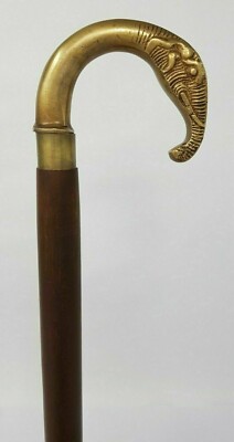 Round working wooden walking stick cane antique solid brass elephant head handle