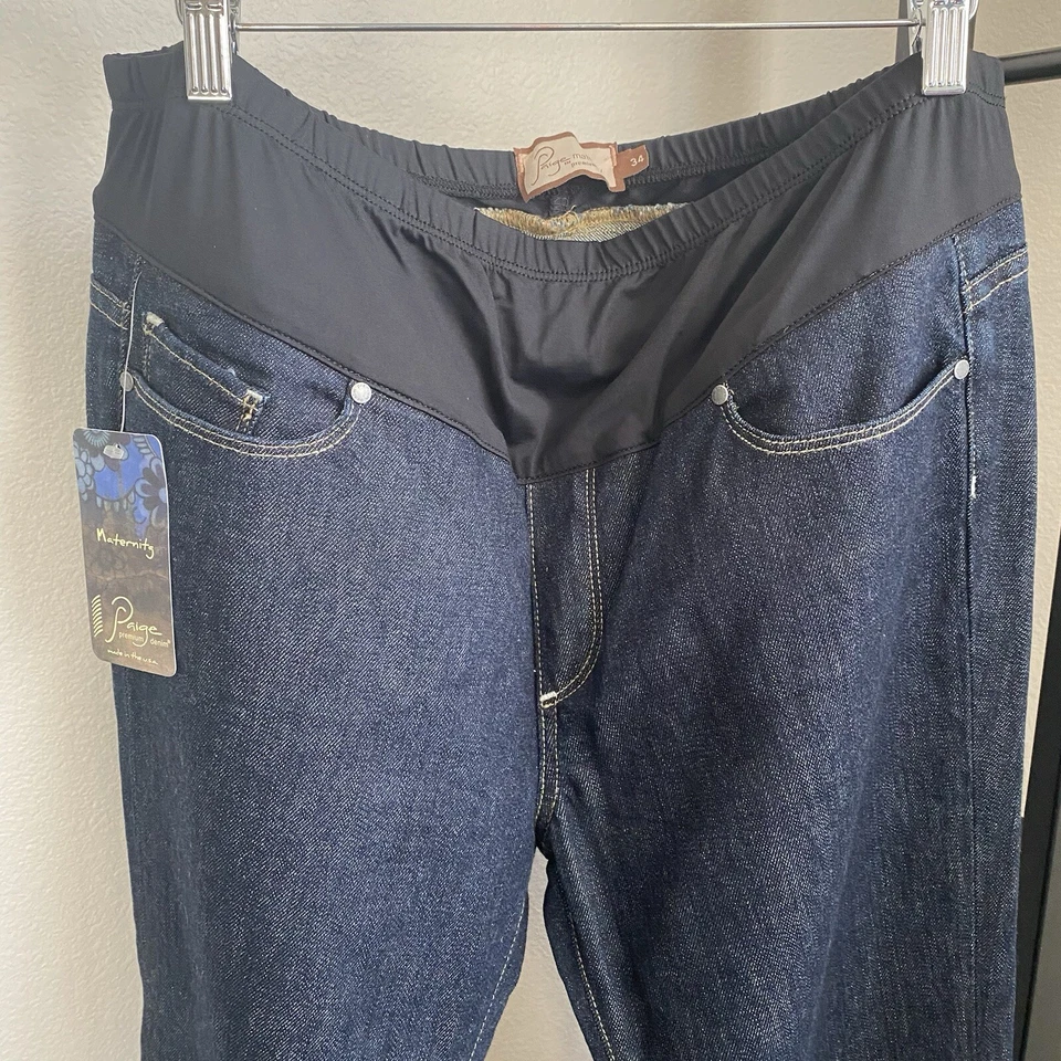 NWT Paige Maternity Women Denim Jeans 34 Dark Wash Blue Bootcut Elastic Band - Image 2 of 4