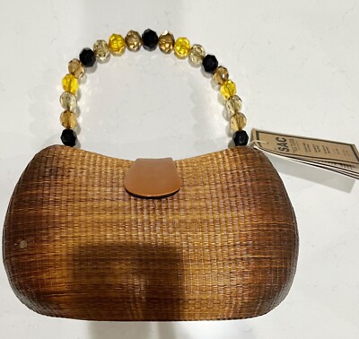 Le Sac Handmade Purse Buri palm tree rattan, straw cane woven style bag, NWT 