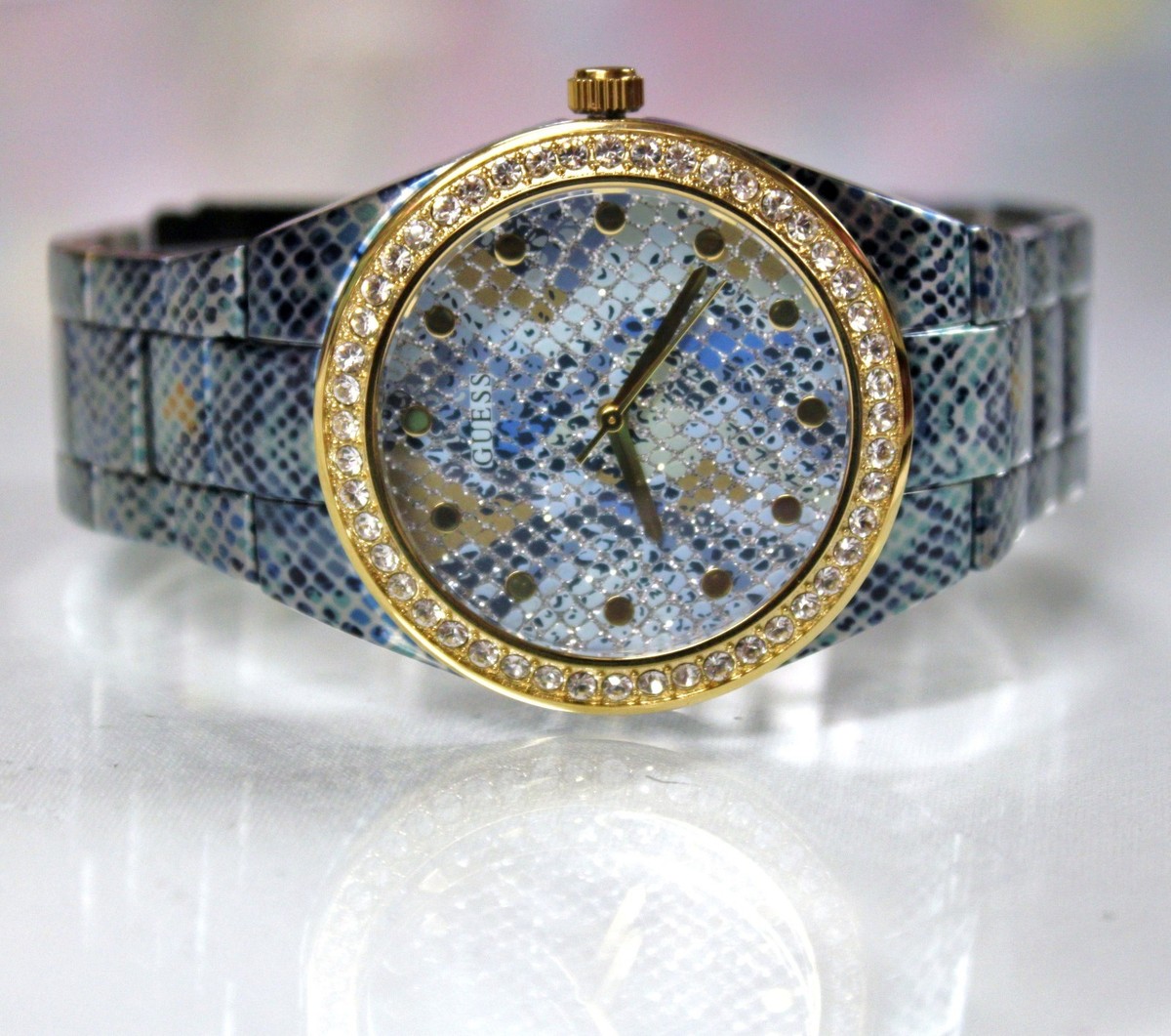 NEW GUESS U0583L1 Blue Python Printed Golden Crystal Bezel  display picture 3