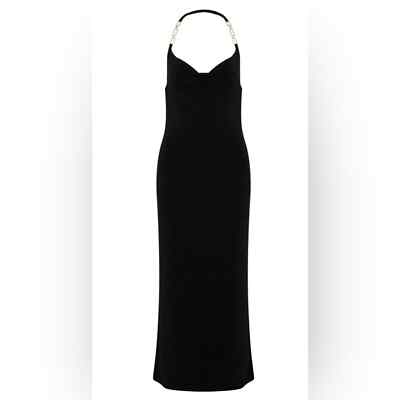 Misha Deana Gold Chain Cowl Neck Midi Jersey Halter Dress Black Women 6 NWT
