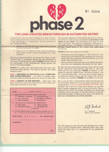 PHASE 2 AUTOMATED DATING QUESTIONAIRRE, CIRCA 1968