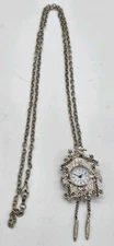 Pendant Watch Cuckoo Clock Regent Pin Chain Marcasite Rhinestone Silvertone