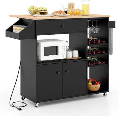 Rolling Kitchen Island Cart with Drop Leaf, Power Outlet, Spice Rack, 12 Wine