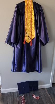 2 Navy Blue Graduation Gowns and Hats + 1 Black Shorty or Kindergarten Gown Cap