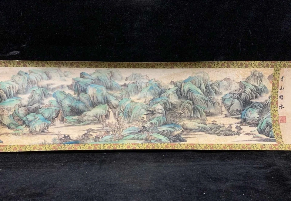Старый китайский декор длинный свиток картина пейзаж с деревянной коробкой 青山绿水图 13841 - Изображение 2 из 4