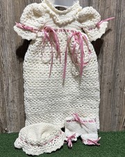 Vtg Crochet Baby Christening Dress, Bonnet,  Bloomers White w/ Pink Handmade