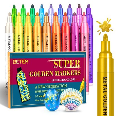 18 Colors Super Golden Metallic Paint Markers 2-3mm Medium Tip for Crafts