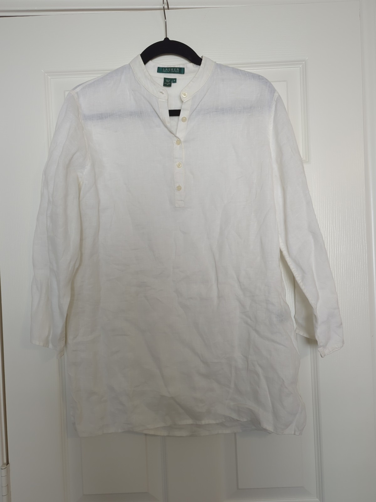 Ralph Lauren 100% Linen Medium Tunic Top White Button Up 3/4 Sleeve Blouse Shirt