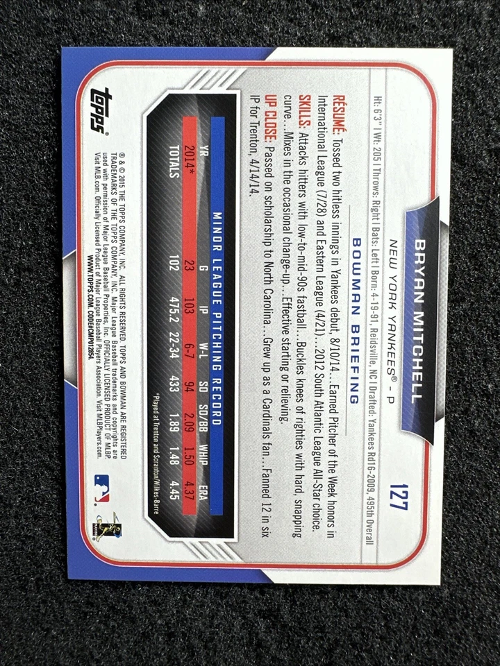 BRYAN MITCHELL #127 2015 Bowman Baseball Rookie Card QTY New York Yankees - Image 2 of 3