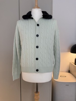 GOLF le FLEUR Mint Zopfmuster Wollmischung Cardigan Schwarz Kunstfellkragen S Neu mit Etikett