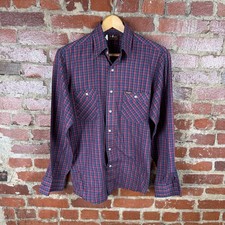 Vintage Wrangler Shirt Mens Medium Red Blue Plaid Button Front Made in USA 70s