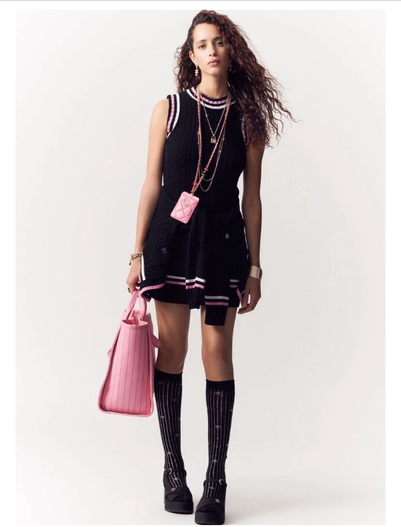 Chanel 23P RTW Tennis Knit Dress in Black, Pink and Ecru Strip Details 36