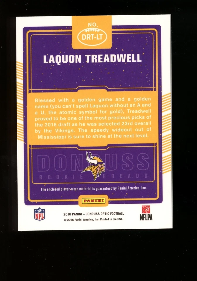 2016 Blue Green Optic Rookie Threads DRT-LT Laquon Treadwell Vikings Qty - Image 2 of 2