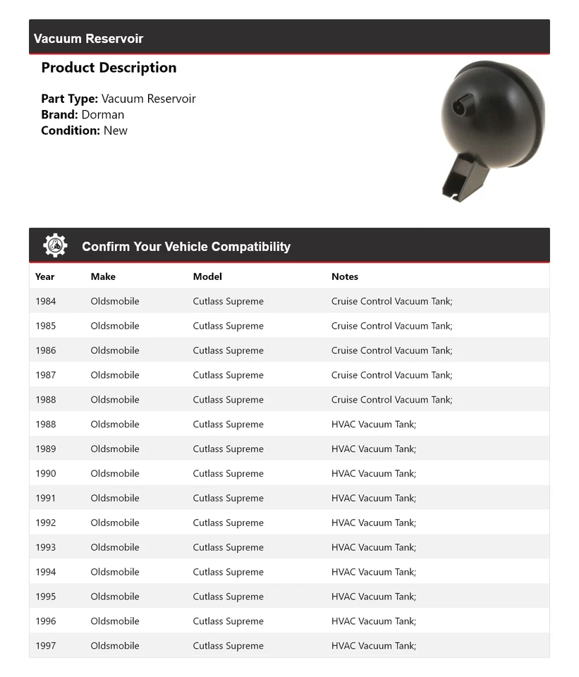 Reservatório de vácuo Oldsmobile Cutlass Supreme Dorman 1985 1986 1987 1984-1997 - Imagem 2 de 4