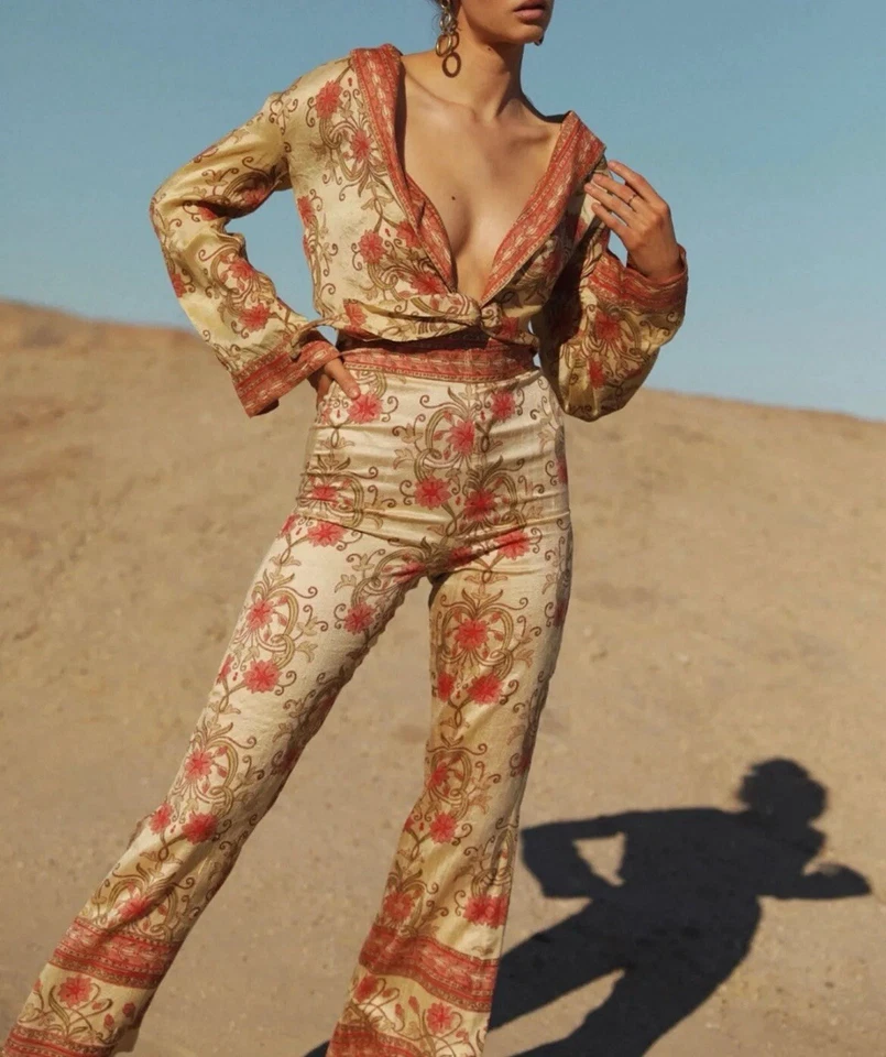 Pantalón Savannah Morrow Ahimsa en Orla Nuevo con Etiquetas Estampado Floral de Seda Alto Acampanado Mediano