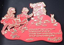Jack and Jill Vintage 1969 Nursery Rhyme Plaque Invicta Plastic Red Gold