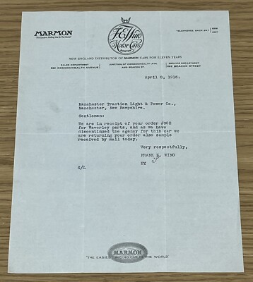 1916 F E Wing Motor Cars Letter Letterhead Boston Massachusetts MARMON CAR