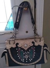 Cowgirl Trendy Purse Conceal Carry Tan Silver Butterfly Rhinestone Full Size