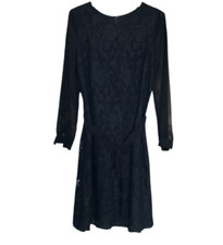 Talbots Size 14 Black Lace Body Long Sheer Chiffon Sleeve Belted Shift Dress