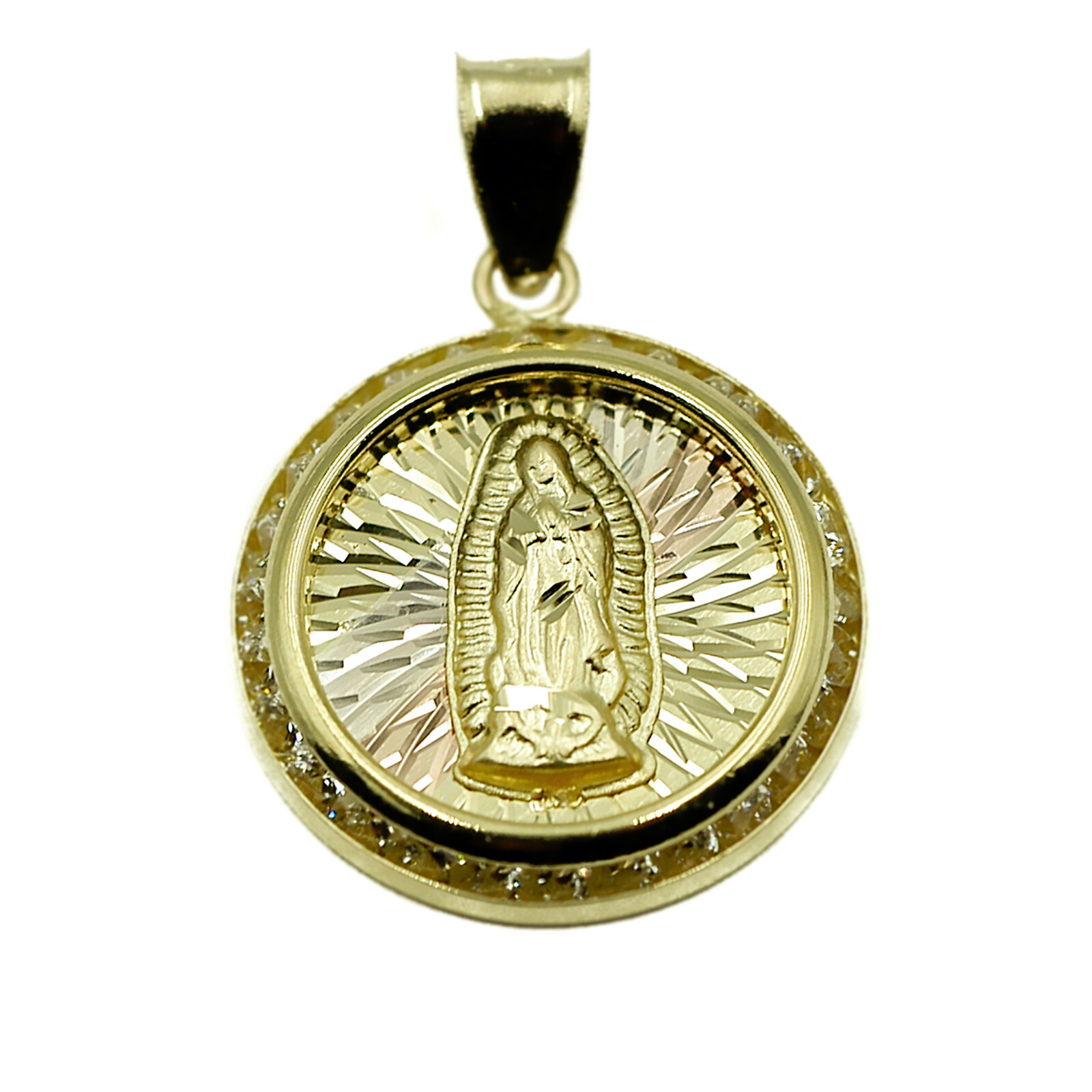 14K Tricolor Gold Virgin of Guadalupe CZ Round Religious Pendant