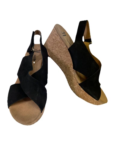 Clarks Collection scarpa donna Annadel Eirwyn sandalo zeppa cinturino taglia 9 nero nabuk