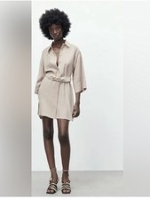 NWT Zara LINEN Blend CHAIN LINK Belt Shirt Dress Khaki/Beige Medium 3/4 Sleeves