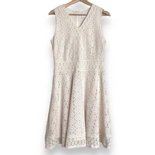 NWT Charter Club Cream Crochet Lace V Neck Fit n Flare Sleeveless Dress Size M