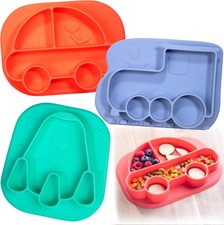 Toddler Silicone Non Slip Divided Plates 3 Difft Fun Designs Car, Train