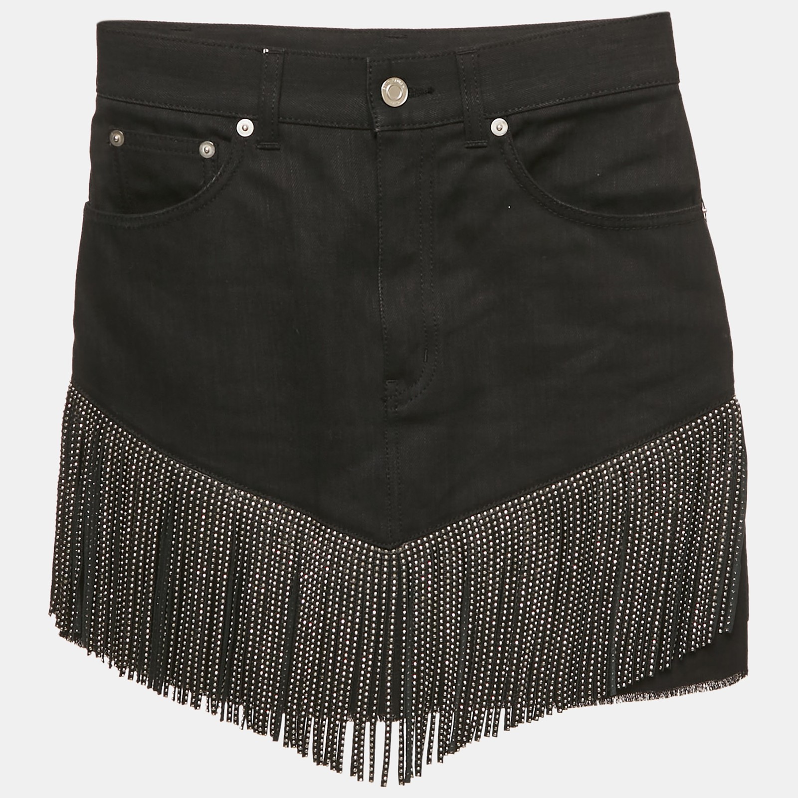 Gonna in denim Saint Laurent nera con borchie e frange in pelle vita S 27"