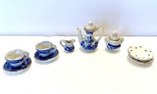 Vtg Blue Willow Miniature 1:12 Tea Set Gold Trim 9 pc Doll House  2 plates