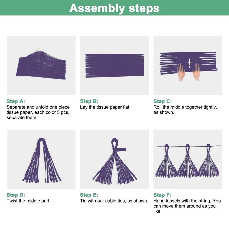 Paquete de 20 guirnalda de borlas banner con cuerda papel de seda para manualidades púrpura oscuro Foto 4 de 4