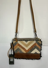 Myra ECCENTRIC Wristlet Crossbody Bag Dual Strap Distressed Leather Cotton Rug