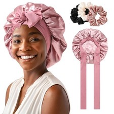 Satin Bonnet for Women - Tie Band Large, Dust Rose bonus3 Hair Scrunchies