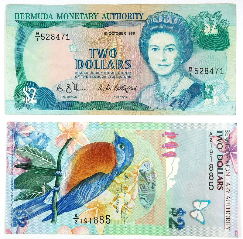 1988 & 2009 Bermuda 2 Dollars Note Lot - Pick 34a, 57b - 2 Notes