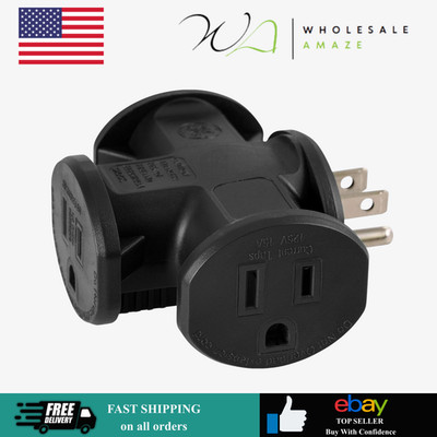 GE 3-Outlet Grounded T-Shaped Tap Adapter, Heavy Duty, Black, 50872