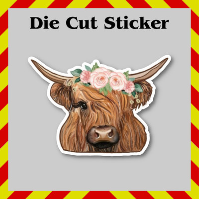Floral Highland Cow Sticker, Boho Style Vinyl Printed Decal for Tumblers/Laptops
