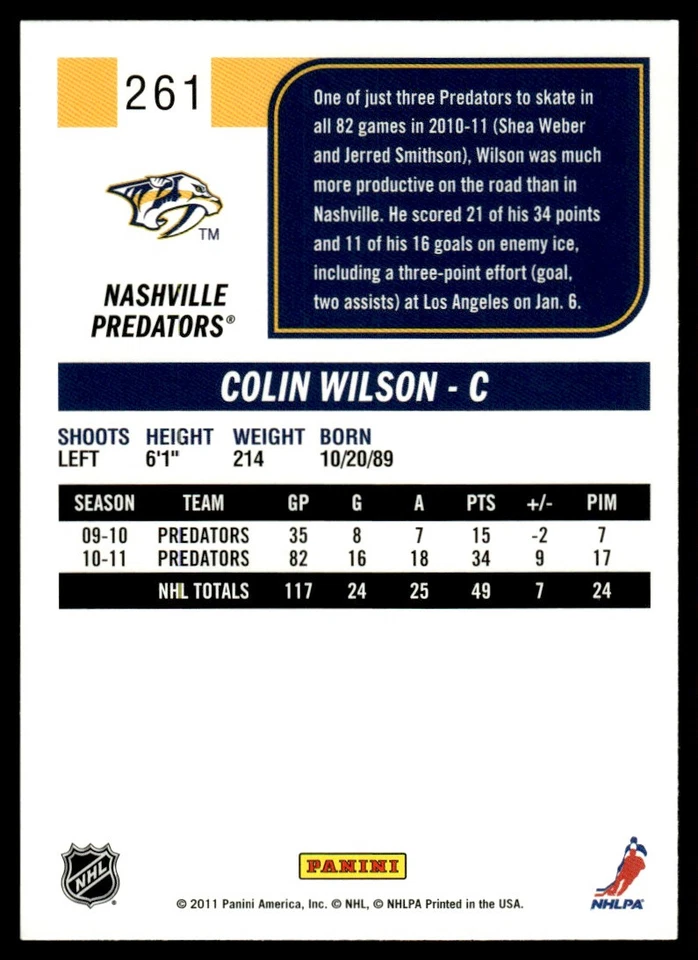2011-12 Score Gold Rush Colin Wilson Nashville Predators #261 - Image 2 of 2
