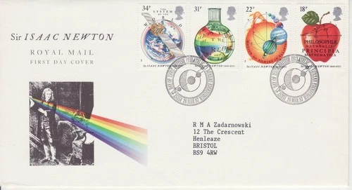 GB Stamps First Day Cover 300th Anniv. of Principia, Newton, math apple SHS 1987