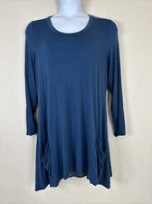LOGO Lori Goldstein Womens Plus Size 1X Blue Pocket Tunic Shirt Long Sleeve