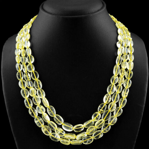 BEAUTIFUL 448.00 CTS NATURAL RICH YELLOW CITRINE 3 LINE OVAL BEADS NECKLACE (DG) - Picture 2 of 3