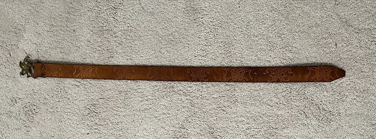 Vintage 1970s Leather Belt 34” Floral Tooled Butterfly Buckle Boho Retro 1970s butterfly buckle tooled leather belt – Hemlock Vintage  main image 3