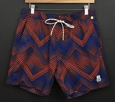 Psycho Bunny Men's Adrian Chevron Swim Trunks Blue Red Stripe Shorts Size M