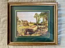 Vintage Kunstdruck dunkler Holzrahmen Land Boot Szene