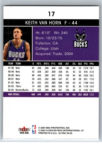 2004-05 Fleer Ultra Keith Van Horn Milwaukee Bucks #17 - Picture 2 of 2