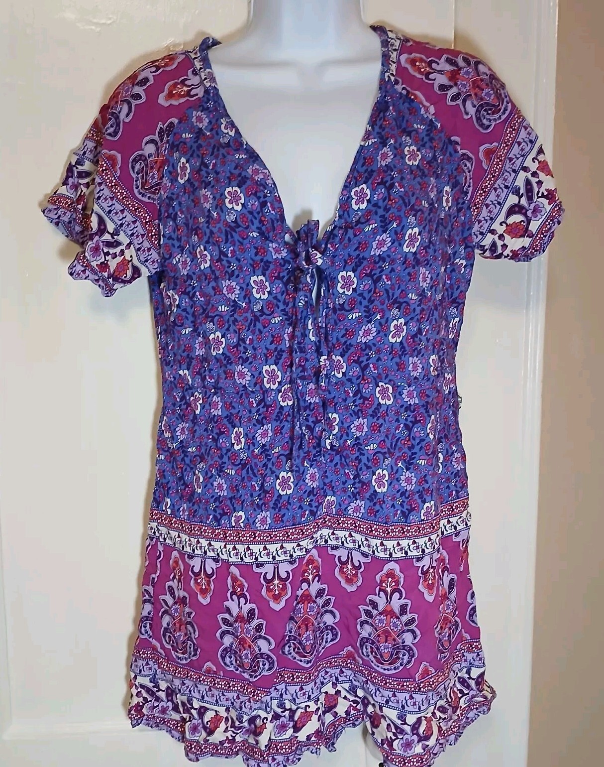 Rusttydustty Romper Medium Purple Floral Paisley Tie Front Beachy Puff Sleeve-image