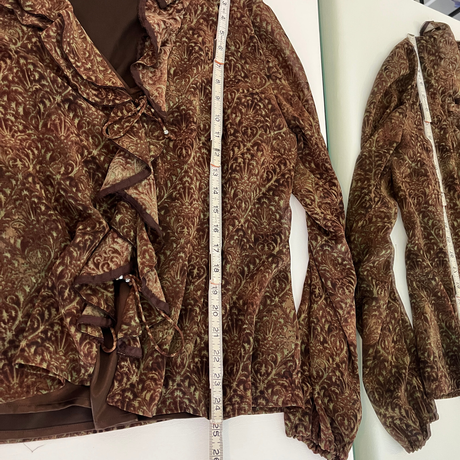 Tapemeasure Womens Y2K Blouse Shirt Top Size 14 Brown Green Floral Ruffle Sheer