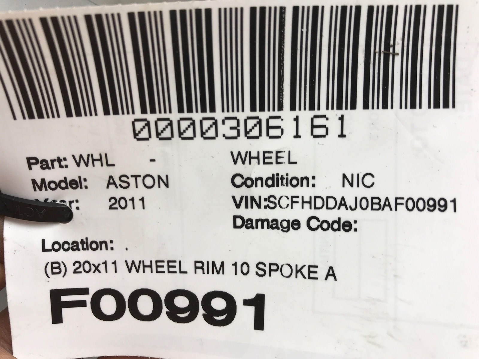 ASTON MARTIN RAPIDE (B) 20x11 WHEEL RIM 10 SPOKE AD43-1007-FA/LA/JA *CRACKED*