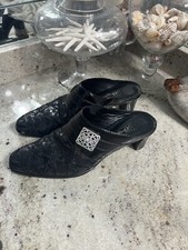 Brighton Tile Black Leather Mules Size 6.5M Embroidered Crystal