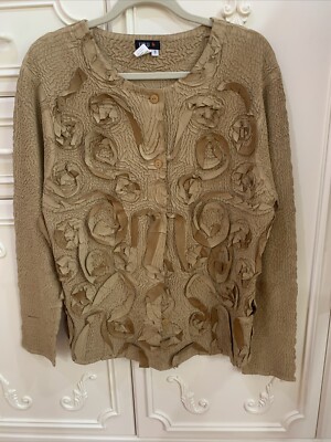 UBU Art To Wear Crepe Crinkle Round Neck Button Front Long Sleeve Blouse Tan S/M